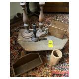 Antique Wooden Bench, Candleholders & Misc