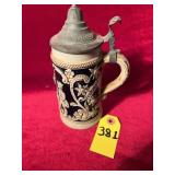 Vtg German Stoneware Beer Stein W/ Pewter Lid