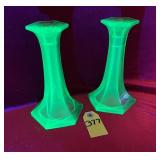 Uranium Glass Candlestick Holders *1 Is Cracked *