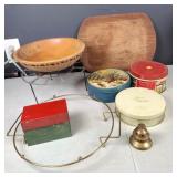 Tins,wood bowl ,riser,brass bell incense burner