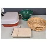 Tupperware Container, Strainer, Cheese Board,Paper
