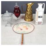 Group of Glass, Fan, Brass Color Pitcher
