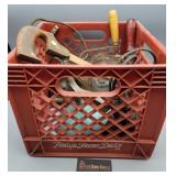 Milk Crate With Tools Saws Drain Snake