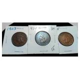 3 Indian Head Penney's 1903 1904 1905