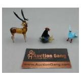 3 Small Glass Hand Blown Animals Elk Chicken