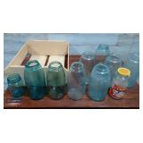 10 Blue Jars & Wood Crate 3 1858 Mason's & Ball