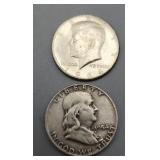 1954D Franklin & 1964P Kennedy Half Dollars 90%
