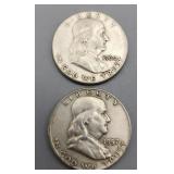 Franklin Half Dollars 1957D 1960P 90% Silver