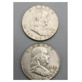 2 1963D Franklin Half Dollars 90% Silver