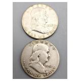 2 Franklin Half Dollars 90% Silver 1951S 1962D