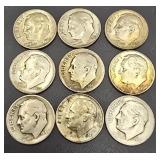 Group of 9 Roosevelt Silver Dimes