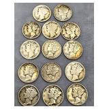 Group of Mercury Silver Dimes (14)