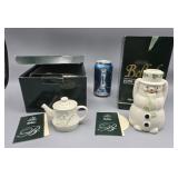 Belleek Snowman Candle Holder & Tea Pot