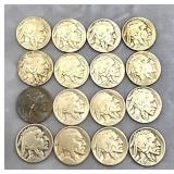 16 Buffalo Nickels - 1930 (2), 1934 (1), 1938,