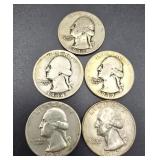 5 Washington Silver Quarters