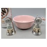 Salt And Pepper Shakers & Pink Oven Dish