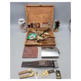 Cigar Box of Collectibles Bottles- Flask- Bell
