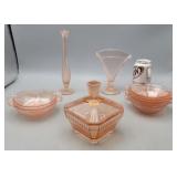 Pink Depression Glass Vases, Covered Candy Dish &