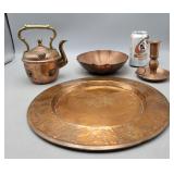 Copper Tray, Teapot, Bowl & Candlestick Holder