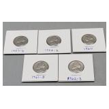 Nickels 1957 D, 58 D, 60, 61 D, 62 D