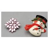 Pink Rhinestones Brooch & Hallmark Snowman Pin
