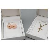 Pink Pearlescent Round Earrings & Cross Pendant