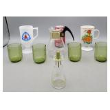 Green Glass Glasses, Mugs, Syrup Dispensers