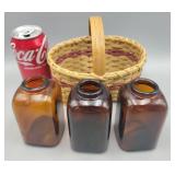 3 Amber Bottles & Basket