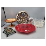Red Glass Cake Plate, Candy Dish, Basket,