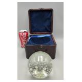 Glass Paperweight air Bubbles & Wood Box
