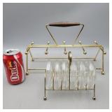 Mid Century Brass Beverage Caddy and Set of 6