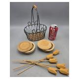 Basket, Wood Flowers & 2 Wood Containers w Lids