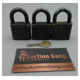 3 Vintage Brass Yale Padlocks 1 Key Fits All 3 3 Vintage Brass Yale Padlocks 1 Key Fits All 3