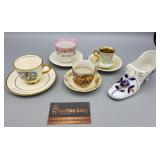 LOT OF MISC TEA CUPS & SAUCERS AND PORCELAIN BOOT LOT OF MISC TEA CUPS & SAUCERS AND PORCELAIN BOOT