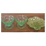 Vaseline Sherbet Dishes and a Leaf Dish Lot 3 Vaseline Sherbet Dishes and a Leaf Dish Lot 3
