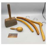 FLAT OF WOOD HANGERS, SOCK STRETCHER, HEAVY MALLET FLAT OF WOOD HANGERS, SOCK STRETCHER, HEAVY MALLET