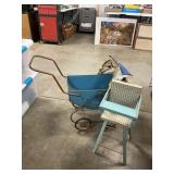 Vintage Metal Doll Carriage, Wooden High Chair