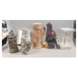 (3) Beer Steins, Large Flask, Dragon Candle