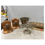 Wooden Dog Bookends, Brass Bucket, Wooden Book