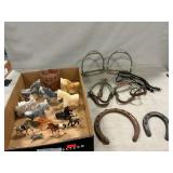 Lot With Stirrups, Horseshoes, Western Glass,