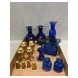 Cobalt Glass Assortment, Porcelain Vases, Gold