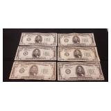 (6) 1934 U.S. Five Dollar Bills