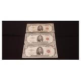 (3) U.S. Red Sealed Five Dollar Bills