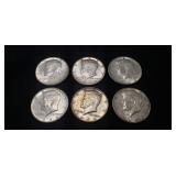 (6) U.S. 1964 Silver Kennedy Half Dollar Coins