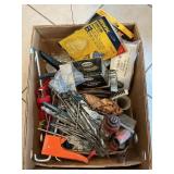 Box Lot With Jack, Drill Bits, Hardware, Caulk