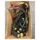 Box Lot With Jumper Cables, Flashlights, Straps,