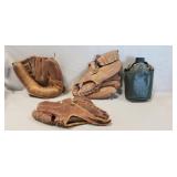 (3) Vintage Baseball Gloves & (1) Canteen