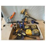 Lot Of Assorted Clamps, Tape Measures