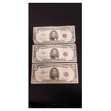 (3) U.S. Red Sealed Five Dollar Bills