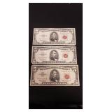 (3) U.S. Red Sealed Five Dollar Bills